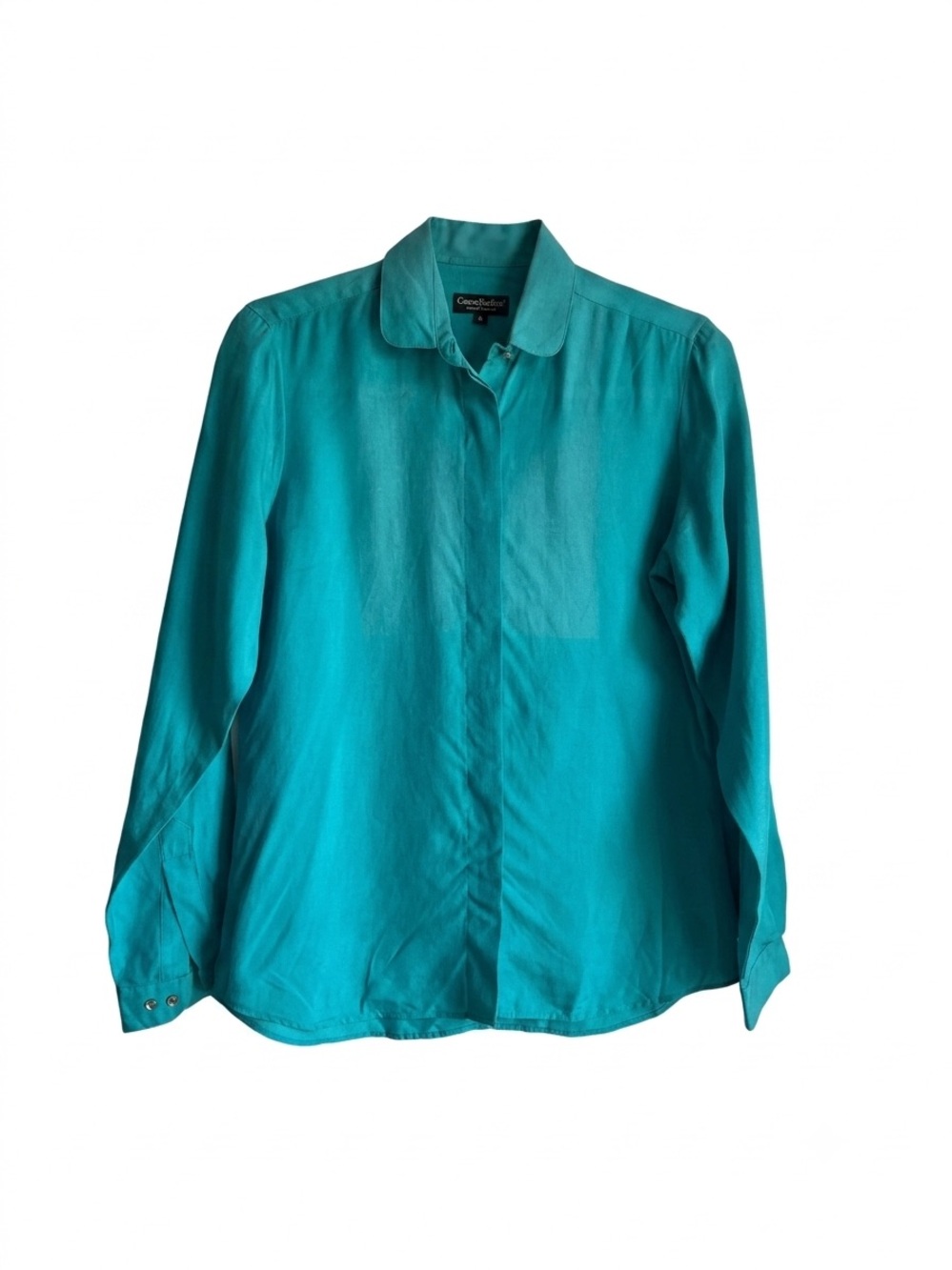 Vintage Gianni Rubino 100% Pure Silk Blouse Teal Turquoise Button Down Top Size